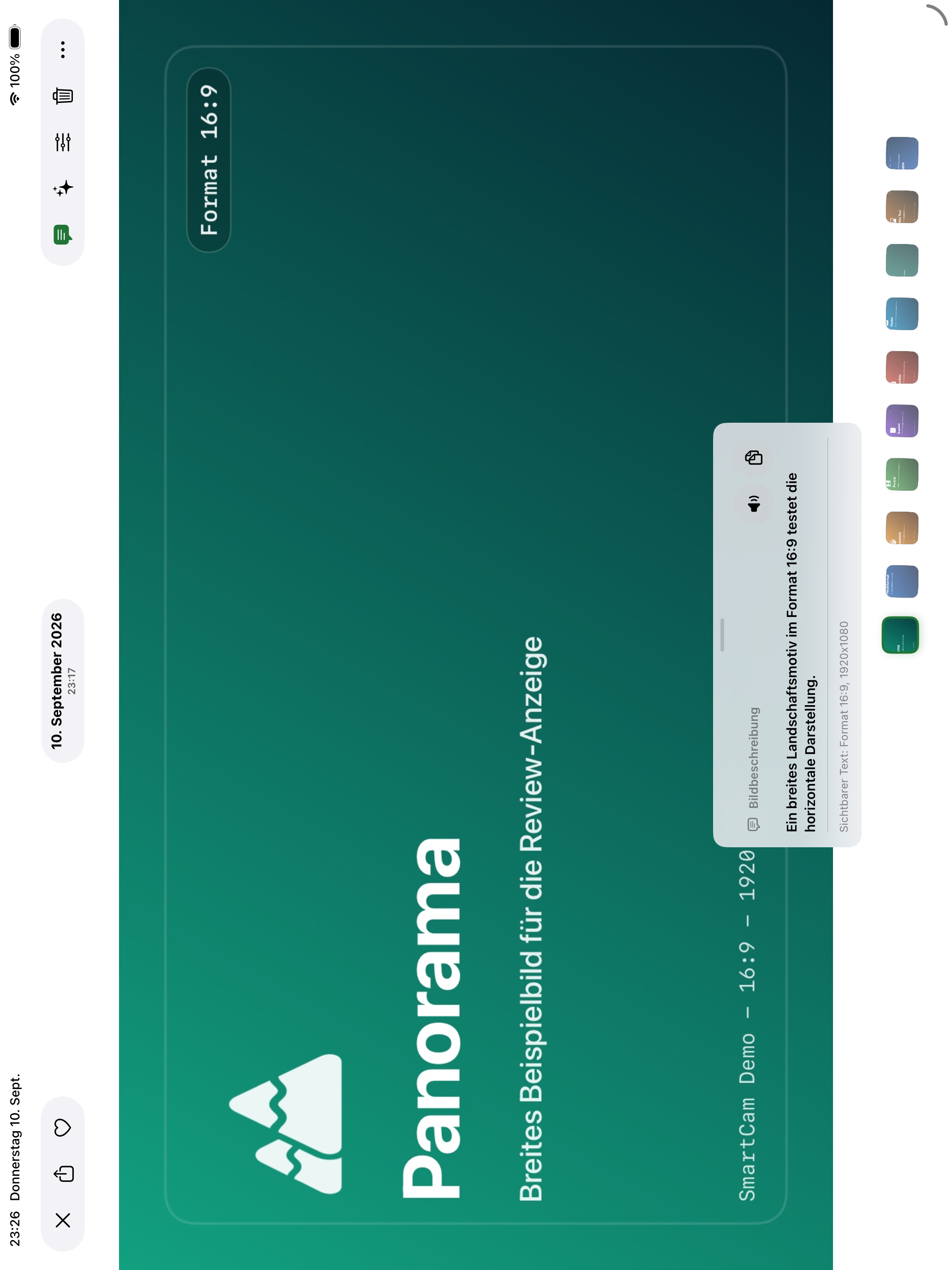 Aktuelle iPad-Detailansicht mit eingeblendeter Bildbeschreibung, Aufnahmeaktionen und Filmstreifen