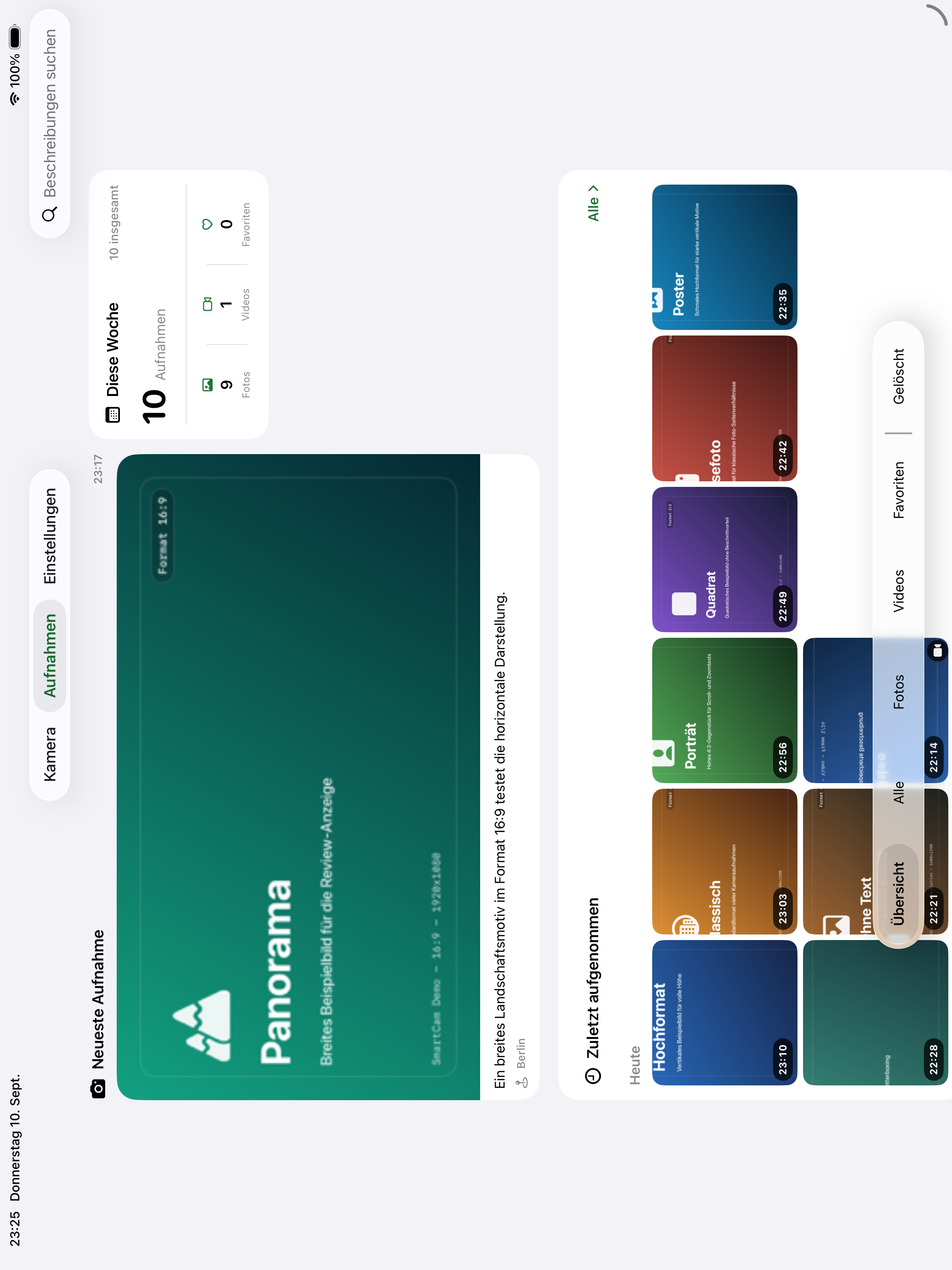 NarraCam auf dem iPad im Querformat mit großer Aufnahme, Wochenübersicht und Verlauf