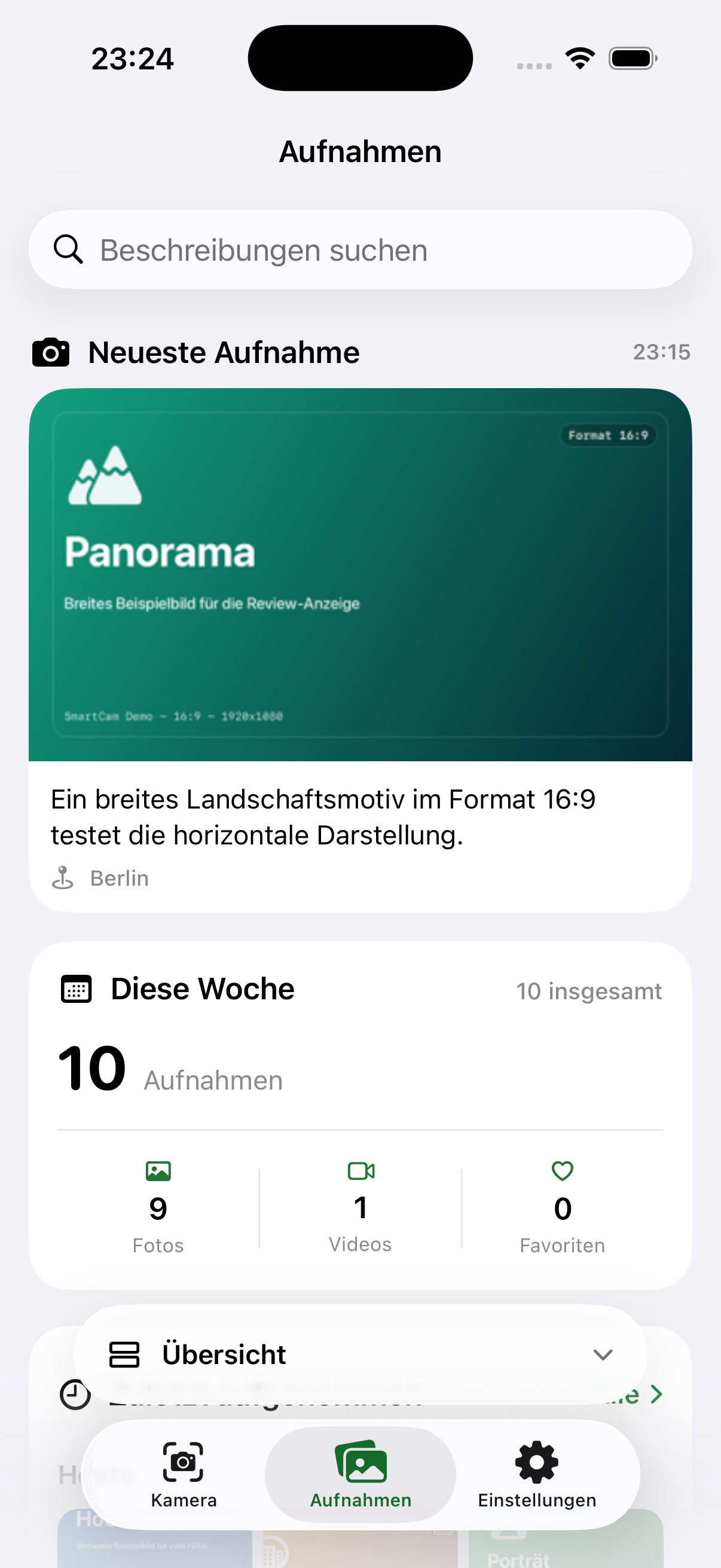 Aufnahmen-Tab mit Beschreibung und Suche